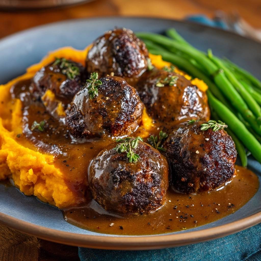 Saftige Rinder-Hackbällchen auf Süßkartoffelpüree