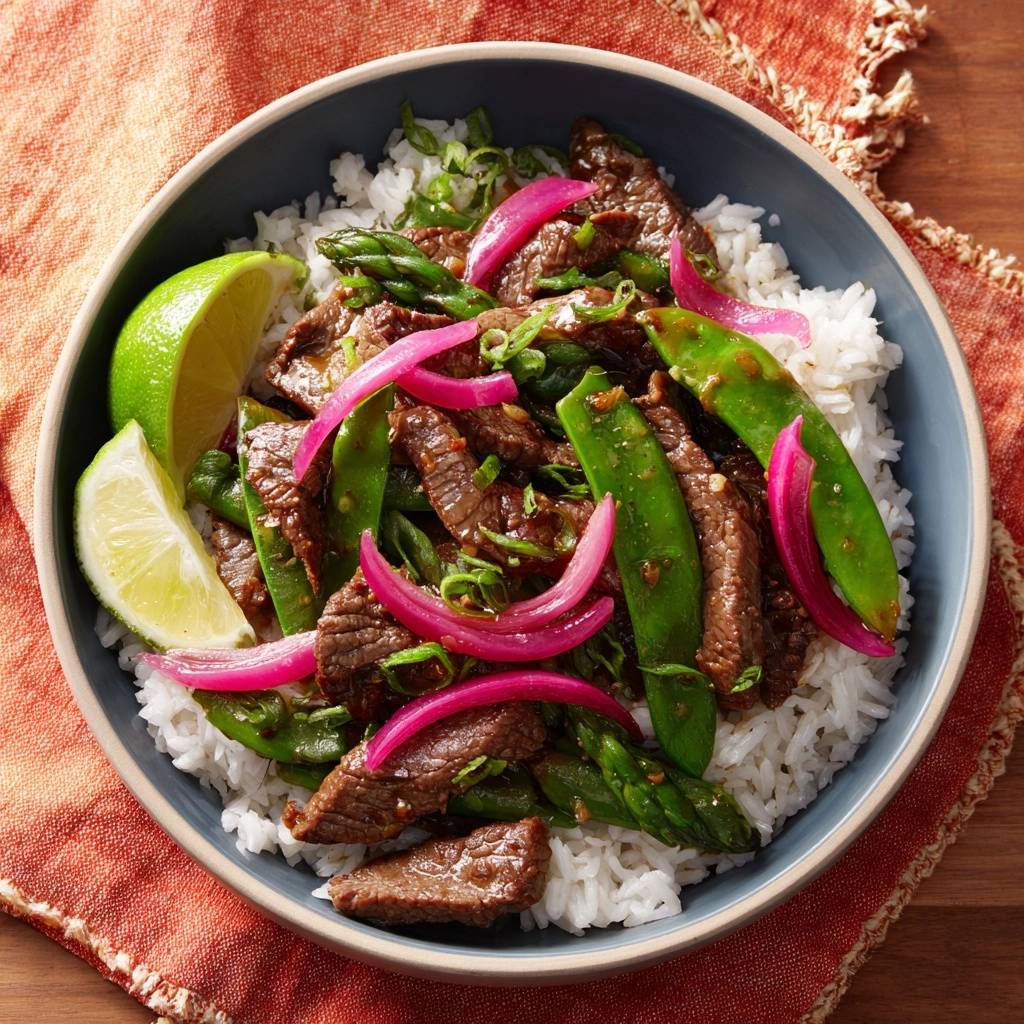 Rindfleisch-Pfanne mit Zuckerschoten und grünem Spargel