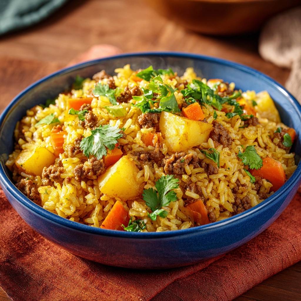 Würzige Hackfleisch-Reispfanne mit Kartoffeln