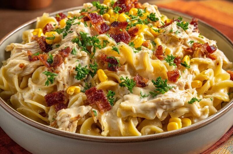 Cremige Hähnchen-Pasta mit Mais und Bacon