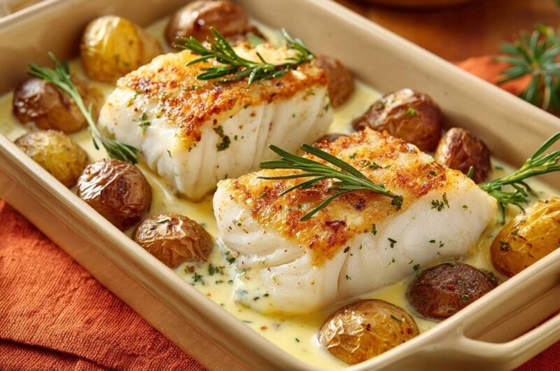 Gebackenes Kabeljaufilet mit Röstkartoffeln