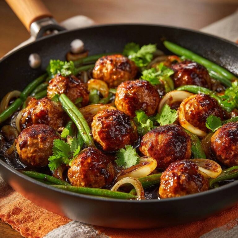 Glasierte Rindfleisch-Bällchen mit grünen Bohnen
