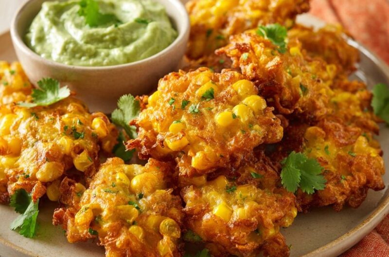 Goldgelbe Maispuffer mit Avocado-Dip