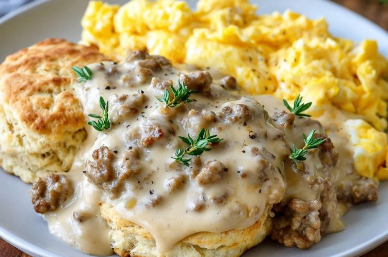 Herzhafte Biscuits mit Sausage Gravy und Rührei
