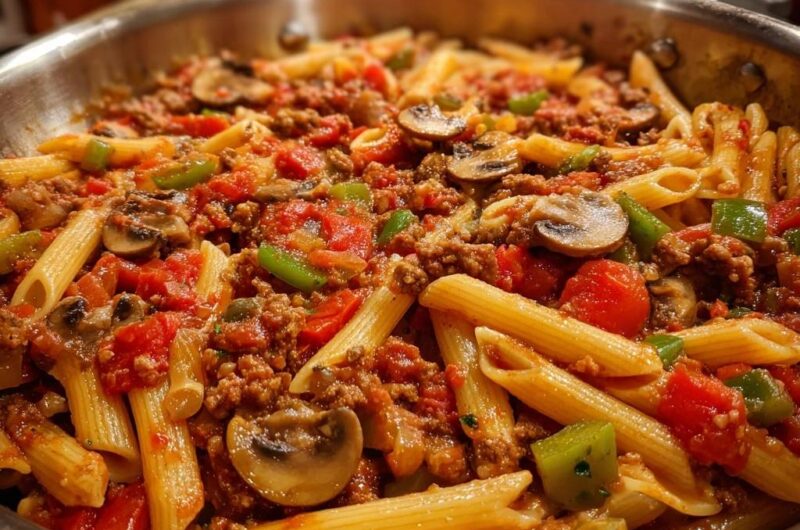 Herzhafte Penne-Pfanne mit Rinderhack und Pilzen
