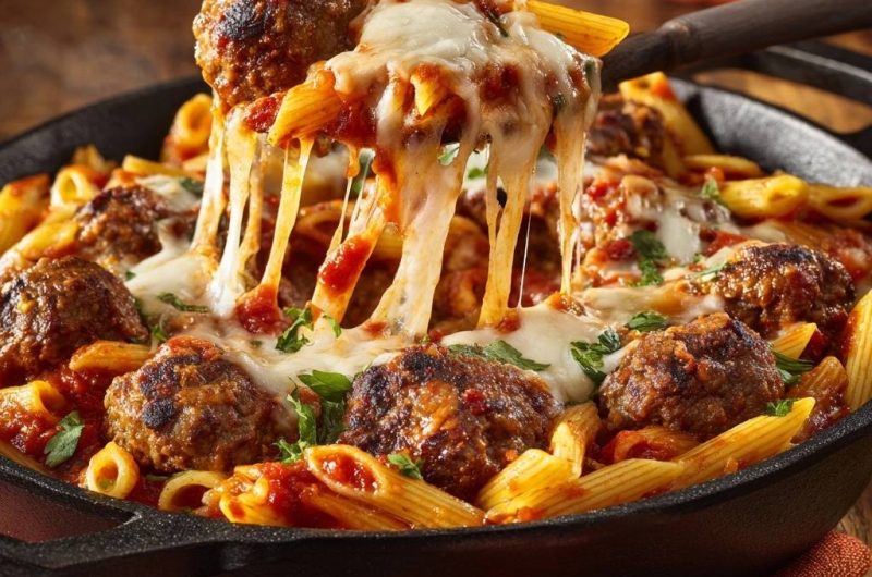 Herzhafter Penne-Auflauf mit Fleischbällchen