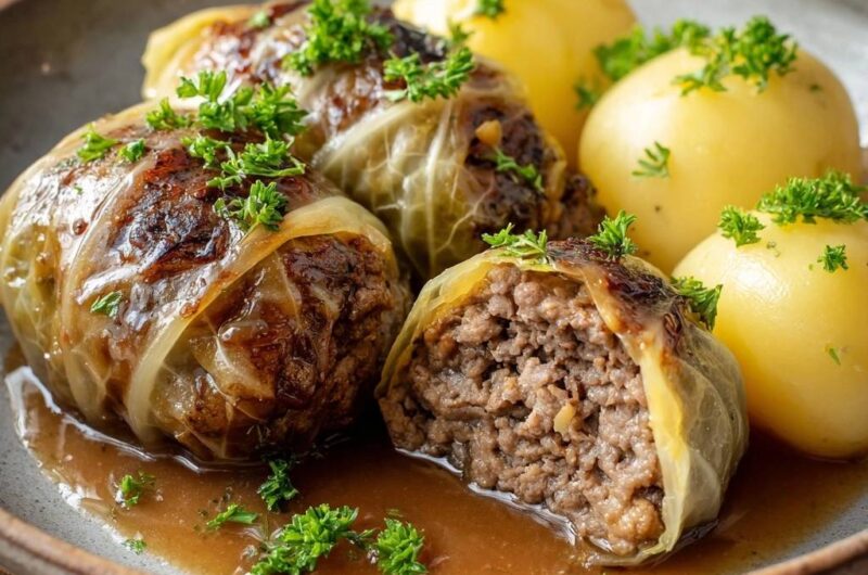 Klassische Kohlrouladen mit Salzkartoffeln