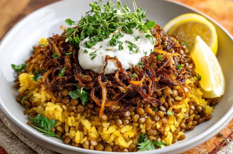 Orientalische Mujadara mit Kurkuma-Reis