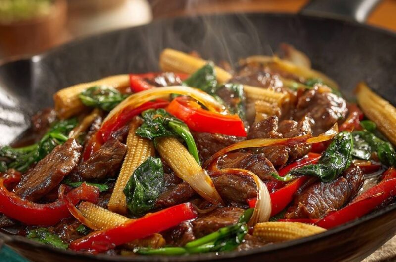 Rindfleisch-Pfanne mit Babymais