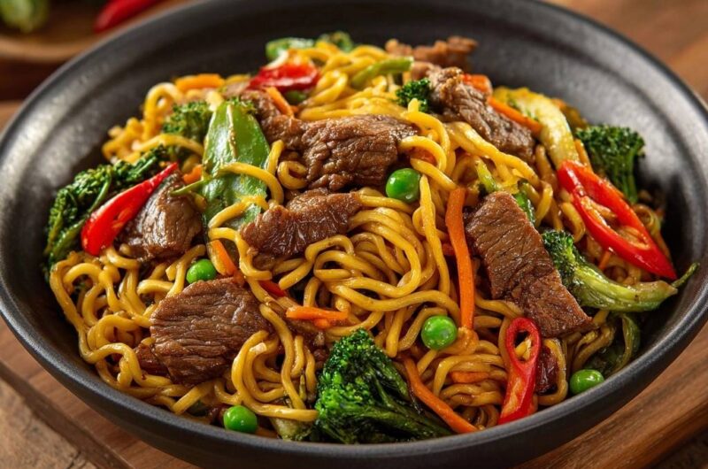 Rindfleisch-Wok mit Eiernudeln