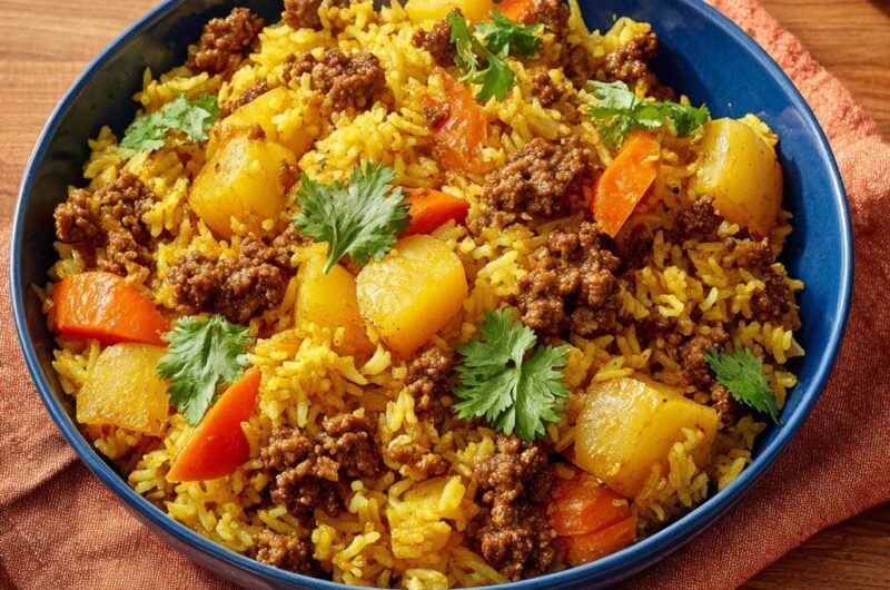 Würzige Hackfleisch-Reispfanne mit Kartoffeln