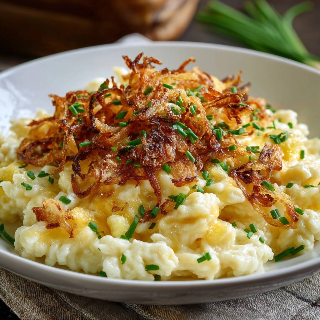 Cremige Allgäuer Kässpätzle mit goldbraunen Röstzwiebeln und frischen Kräutern garniert, Nahaufnahme