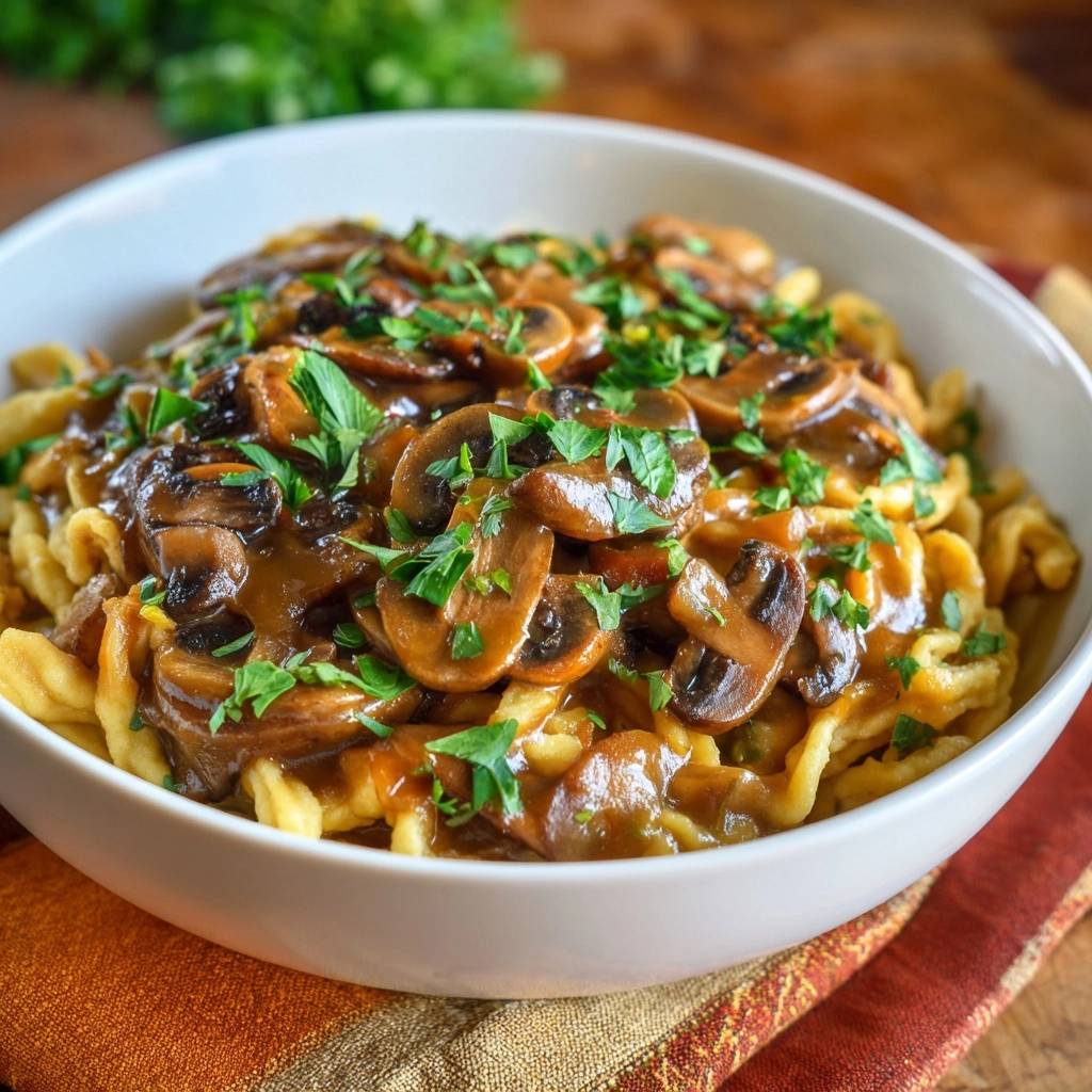 Cremige Pilz-Spätzle-Pfanne mit frischer Petersilie garniert, Nahaufnahme des üppigen Pilz-Ragouts über den Spätzle.