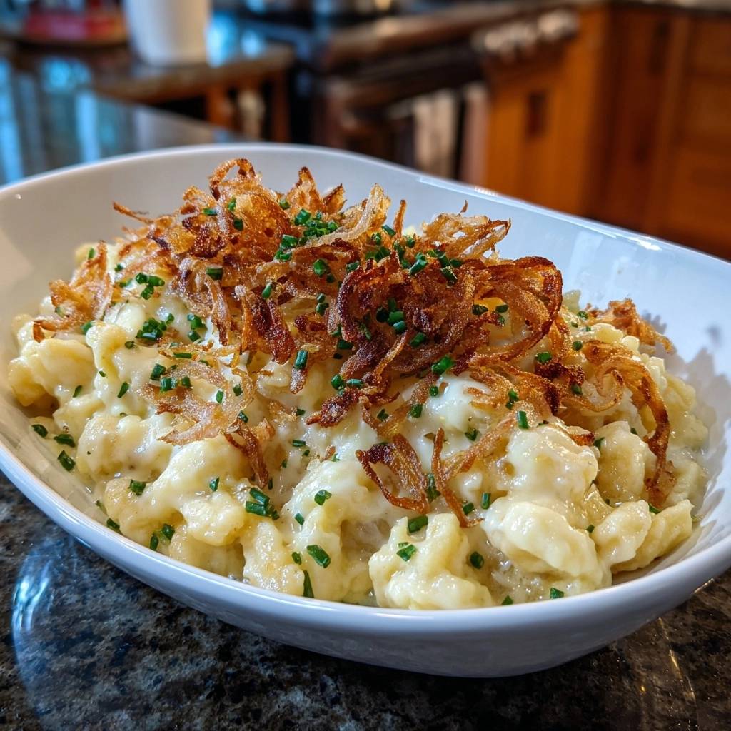 Cremige Allgäuer Kässpätzle, serviert in einer weißen Schüssel, mit knusprigen Zwiebeln und frischem Schnittlauch garniert.