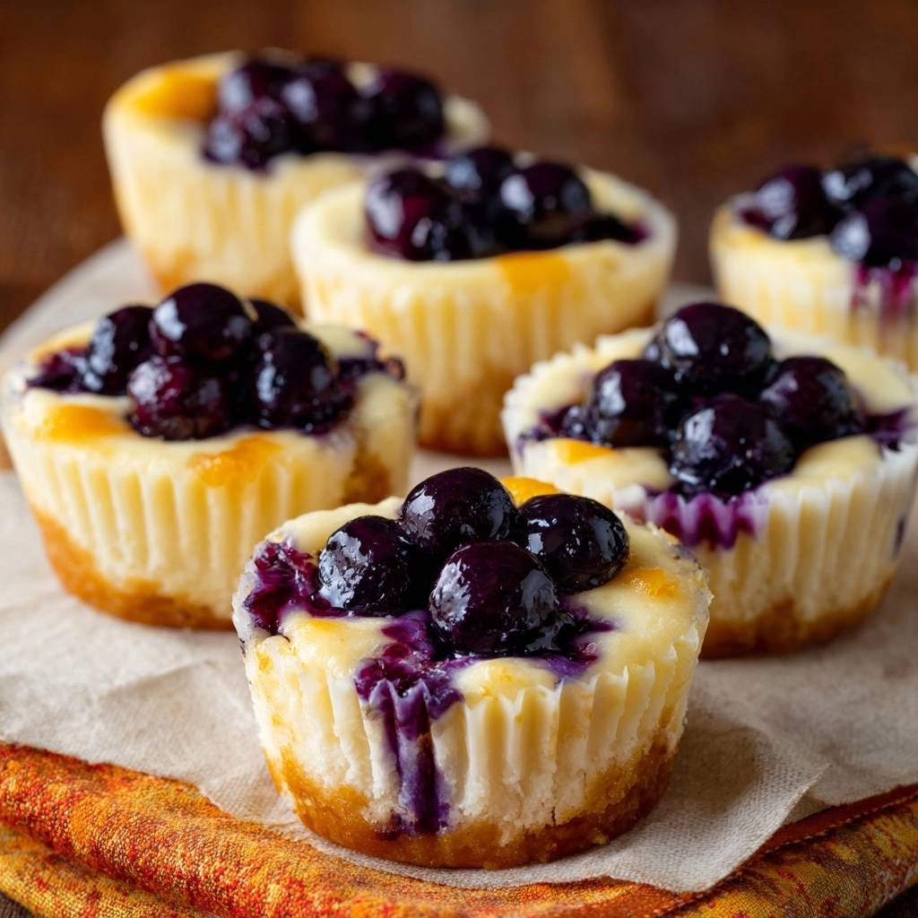 Cremige Blaubeer-Mini-Cheesecakes zeigen eine Nahaufnahme mit frischen Blaubeeren. Der cremige Käsekuchen ist in Papierförmchen gebacken.