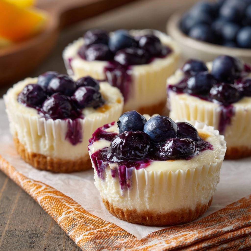 Cremige Blaubeer-Mini-Cheesecakes mit frischen Blaubeeren in Nahaufnahme. Die kleinen Cheesecakes sind auf einem belegten Tuch serviert.