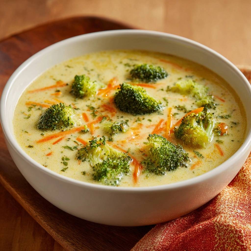 Cremige Brokkoli Kase Suppe Draufsicht 1 Cremige Brokkoli-Käse-Suppe in einer Schüssel von oben gesehen, mit Brokkoli-Röschen und Karottenstreifen garniert.