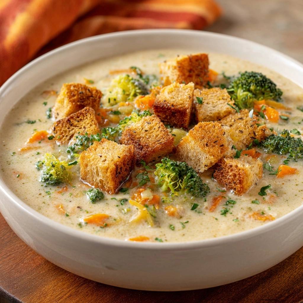 Cremige Brokkoli-Käse-Suppe mit knusprigen Croutons von oben betrachtet, serviert in einer weißen Schüssel auf einem Holzbrett.
