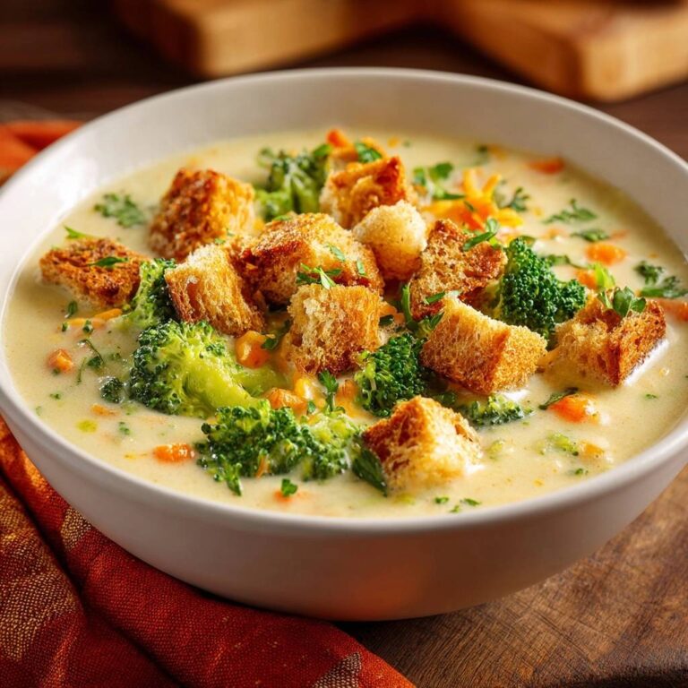 Cremige Brokkoli-Käse-Suppe mit knusprigen Croutons, serviert in einer weißen Schüssel, von oben fotografiert, mit frischer Petersilie garniert.