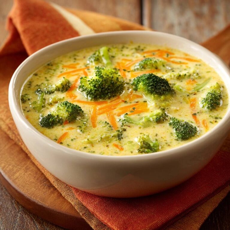 Cremige Brokkoli-Käse-Suppe von oben, serviert in einer cremefarbenen Schüssel, mit Brokkoli-Röschen und geriebenen Karotten garniert.