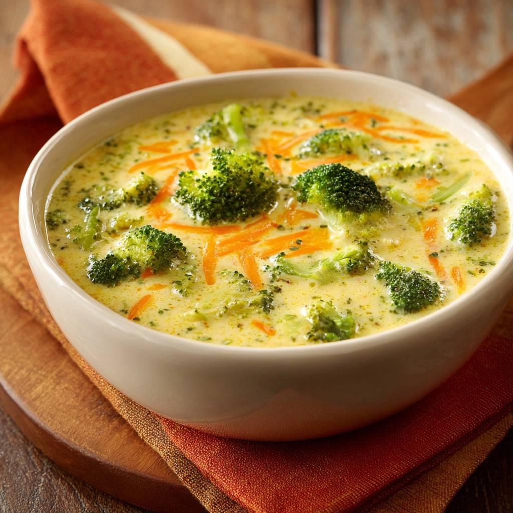 Cremige Brokkoli-Käse-Suppe von oben, serviert in einer cremefarbenen Schüssel, mit Brokkoli-Röschen und geriebenen Karotten garniert.