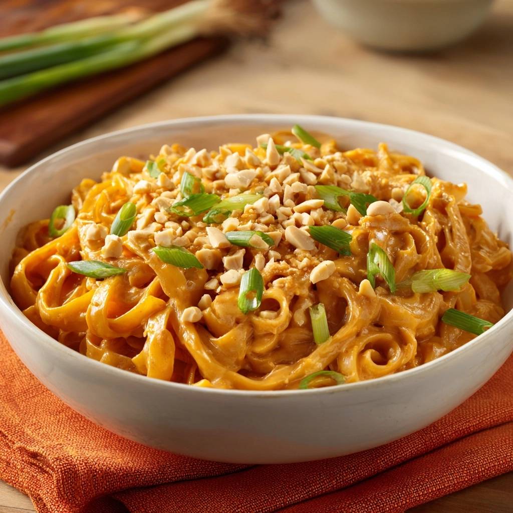 Cremige Erdnuss-Nudeln in einer Schüssel serviert, garniert mit gehackten Erdnüssen und frischen grünen Zwiebeln. Diese köstlichen Nudeln sind perfekt für ein schnelles Abendessen.