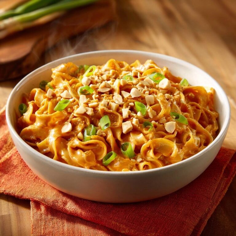 Cremige Erdnuss-Nudeln in einer Schüssel serviert, garniert mit gehackten Erdnüssen und frischen grünen Zwiebeln, bereit zum Genießen.