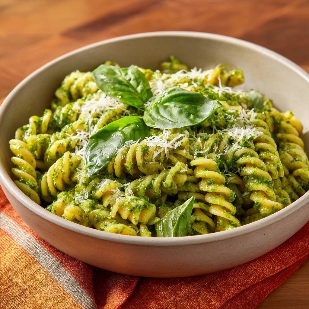 Cremige Fusilli mit Basilikum-Pesto in einer Schüssel aus der Vogelperspektive, garniert mit frischem Basilikum und geriebenem Käse.