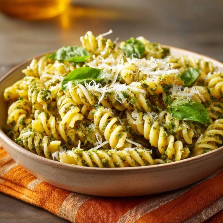 Cremige Fusilli mit Basilikum-Pesto in einer Nahaufnahme, garniert mit frischem Basilikum und geriebenem Käse, serviert in einer Schüssel.