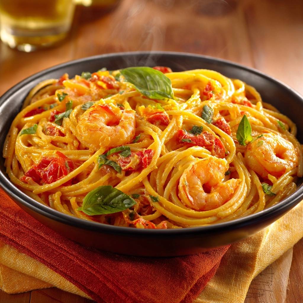 Cremige Garnelen-Pasta mit Kirschtomaten in Nahaufnahme aus nächster Nähe. Die Pasta ist mit saftigen Garnelen und frischen Kräutern garniert.