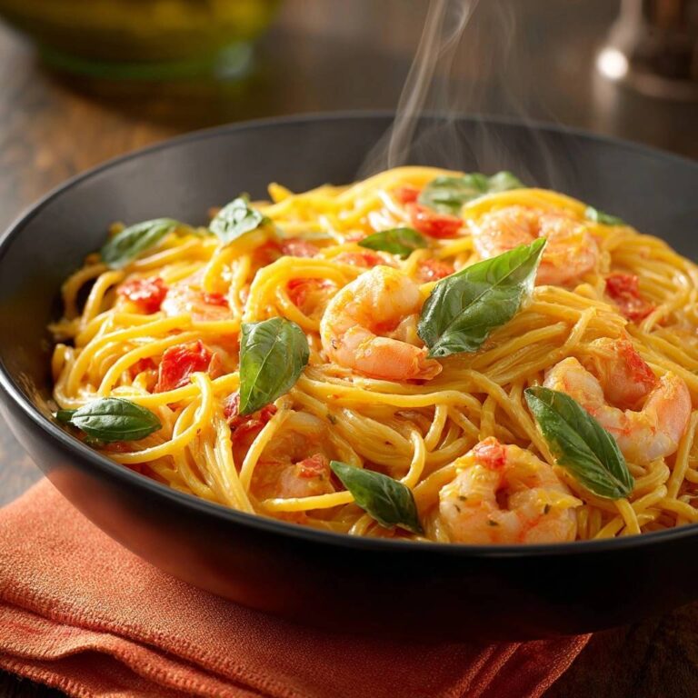 Cremige Garnelen-Pasta mit Kirschtomaten, serviert in einer tiefschwarzen Schüssel, dampft verführerisch mit frischen Basilikumblättern garniert.