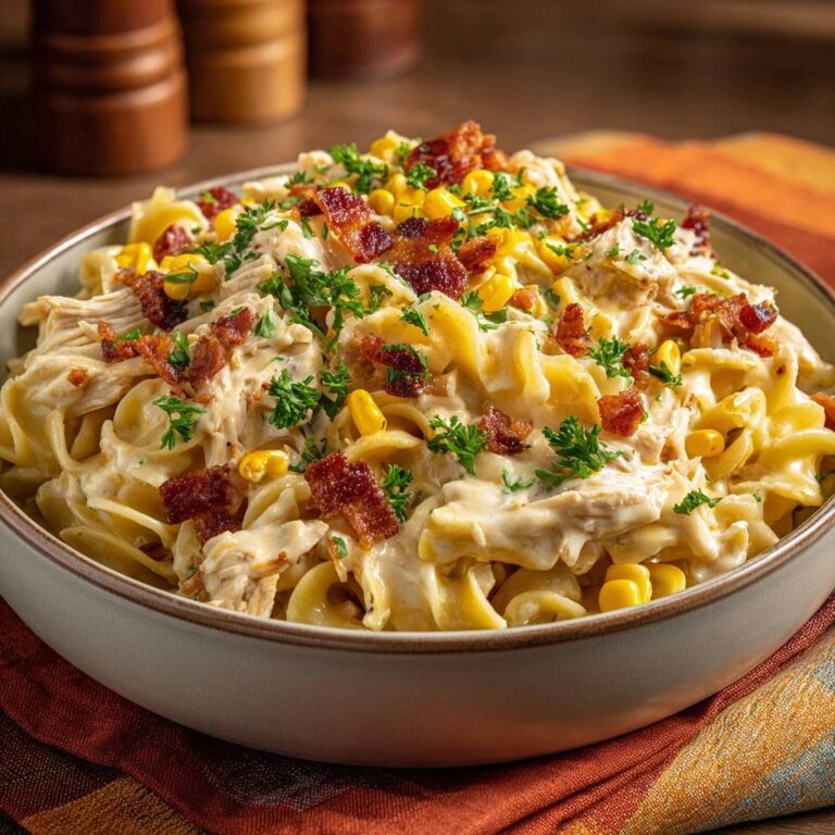 Cremige Hähnchen-Pasta mit Mais und Bacon, serviert in einer rustikalen Schüssel, garniert mit frischer Petersilie und knusprigem Speck.