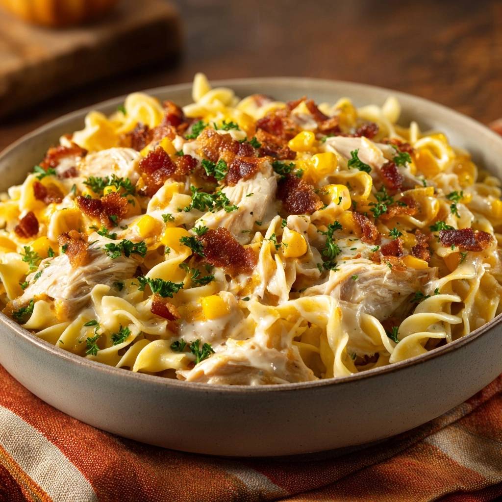 Cremige Hahnchen Pasta Mit Mais Und Bacon Draufsicht 1 Cremige Hähnchen-Pasta mit Mais und Bacon in einer Schüssel aus der Draufsicht, garniert mit knusprigem Speck und frischer Petersilie.