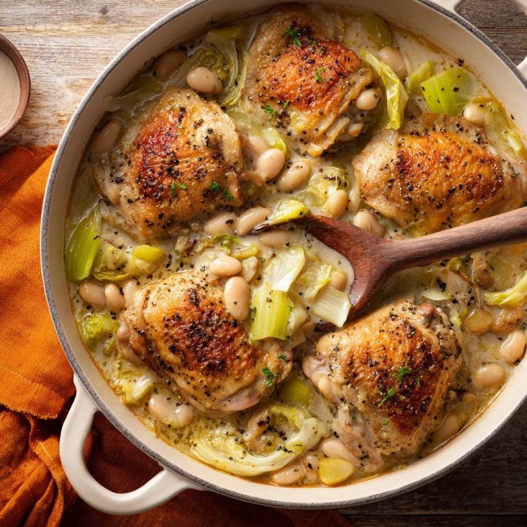 Cremige Hähnchenpfanne mit weißen Bohnen & krosser Haut, zubereitet in einer cremigen Soße, von oben fotografiert, mit einem Holzlöffel serviert.