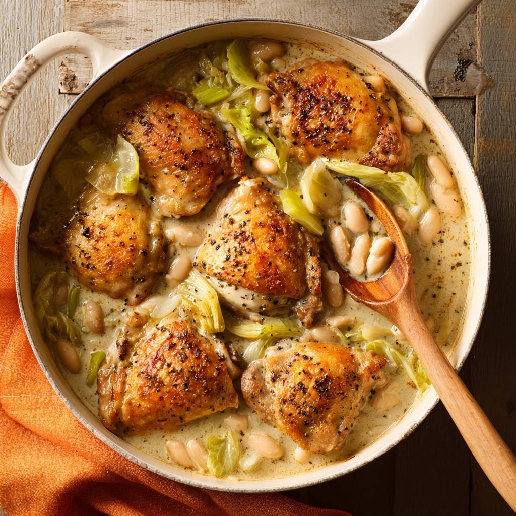 Cremige Hhnchenpfanne Mit Bohnen Draufsicht 1 Cremige Hähnchenpfanne mit weißen Bohnen & krosser Haut, serviert in einer Pfanne, mit einer Holzschöpfkelle zum Servieren. Die knusprigen Hähnchenschenkel sind goldbraun gebraten.