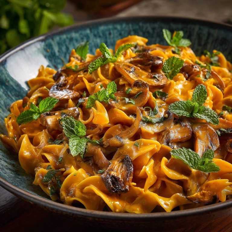 Cremige Pilz-Pasta mit Gold-Sauce in Nahaufnahme serviert, garniert mit frischer Minze. Ein köstliches Pastagericht mit cremiger Sauce und Pilzen.