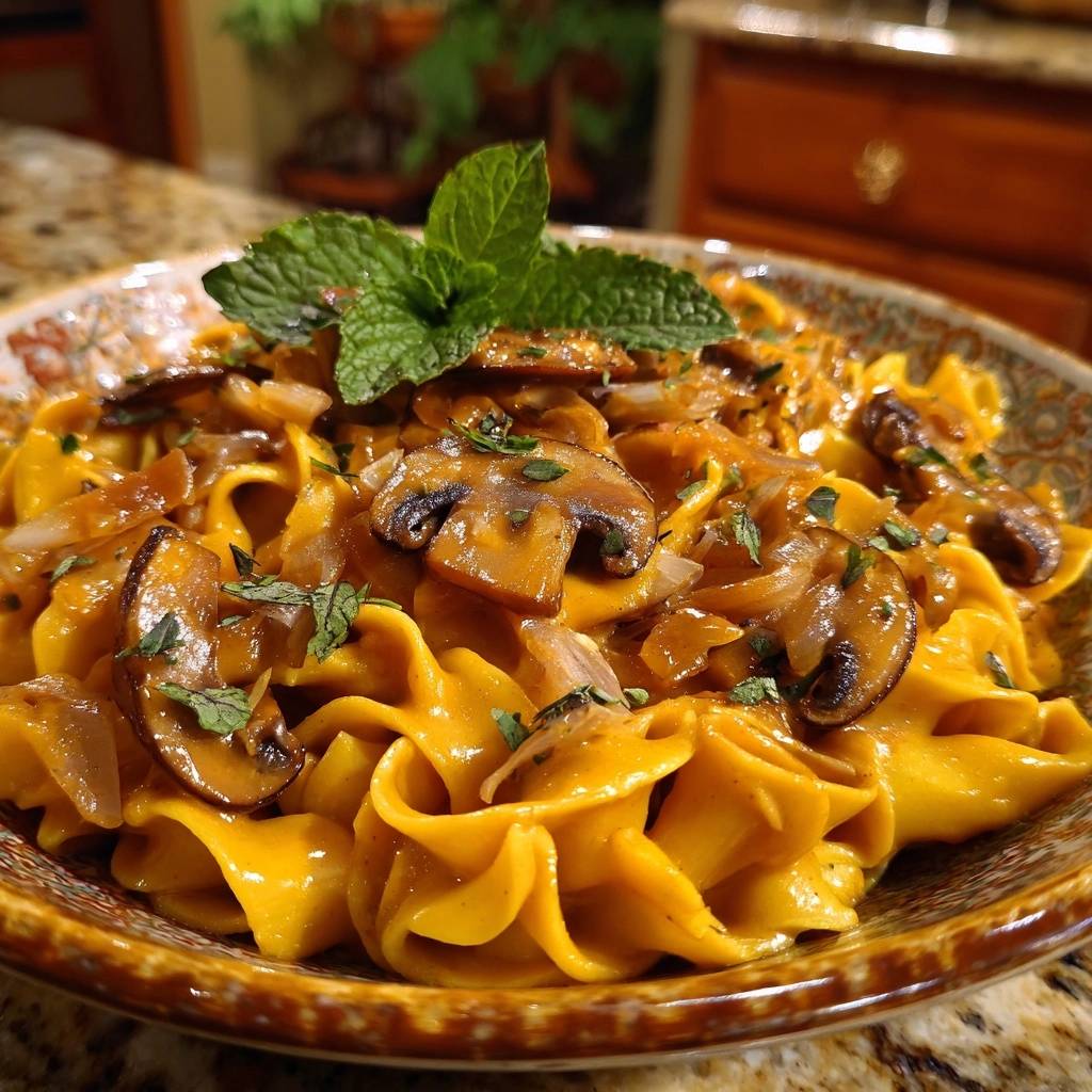 Cremige Pilz Pasta Mit Gold Sauce Nahaufnahme 1 Cremige Pilz-Pasta mit Gold-Sauce in Nahaufnahme, garniert mit frischer Minze. Die cremige Sauce umhüllt die goldenen Nudeln und Pilze.