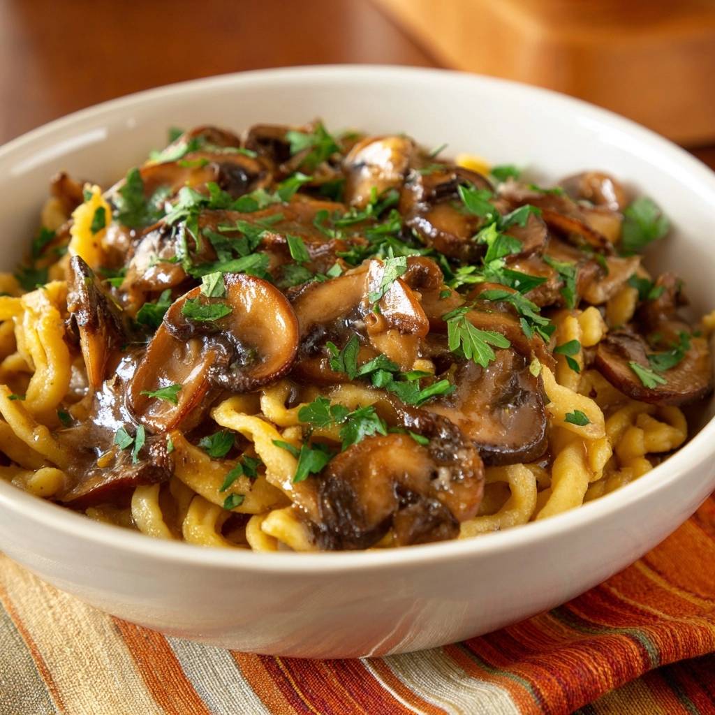 Cremige Pilz-Spätzle-Pfanne in Nahaufnahme, serviert in einer weißen Schüssel und garniert mit frischer Petersilie. Die cremige Sauce umschließt die Pilze und Spätzle.