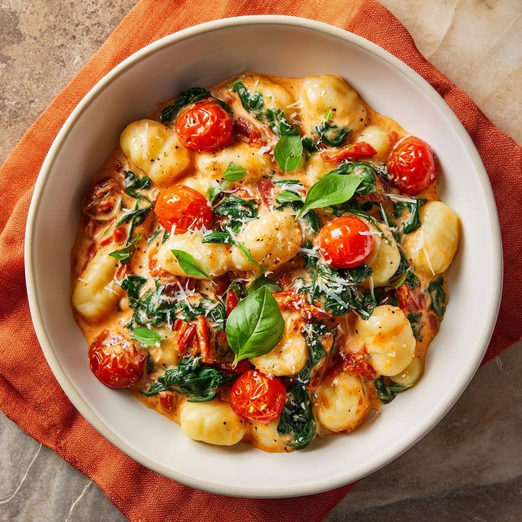 Cremige Tomaten-Spinat-Gnocchi in einer Schüssel, garniert mit frischen Basilikumblättern und geriebenem Käse, von oben fotografiert.