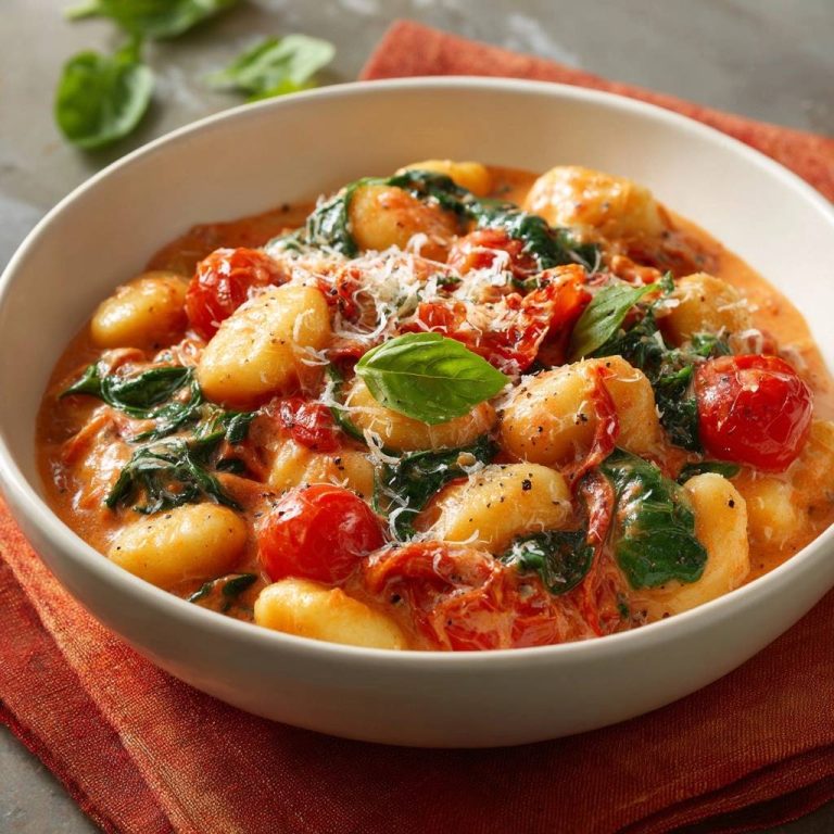 Cremige Tomaten-Spinat-Gnocchi serviert in einer weißen Schüssel, garniert mit frischem Basilikum und geriebenem Käse. Das 25-Minuten-Gericht ist perfekt.