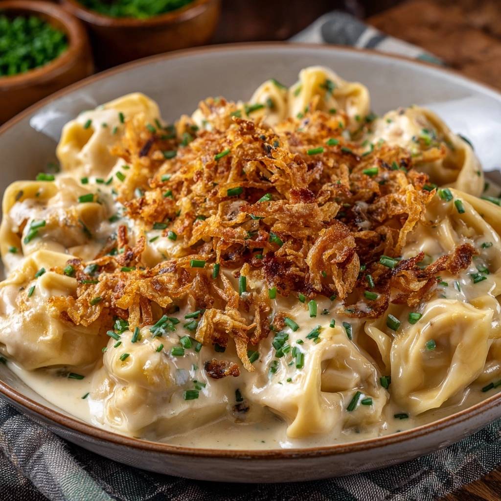 Cremige Tortellini mit Röstzwiebeln, serviert in einer Schüssel. Die hausgemachte Pasta ist mit cremiger Sauce und knusprigen Röstzwiebeln garniert.