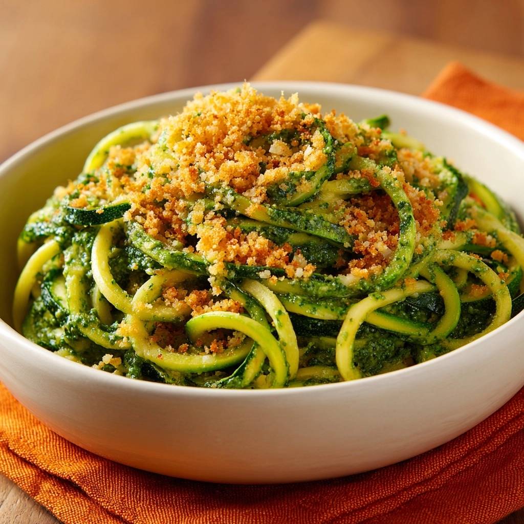 Cremige Zucchini-Linguine mit Knusper-Topping, serviert in einer Schüssel, mit knusprigen Bröseln als Topping. Die Zucchini-Nudeln sind in einer cremigen Soße getunkt.