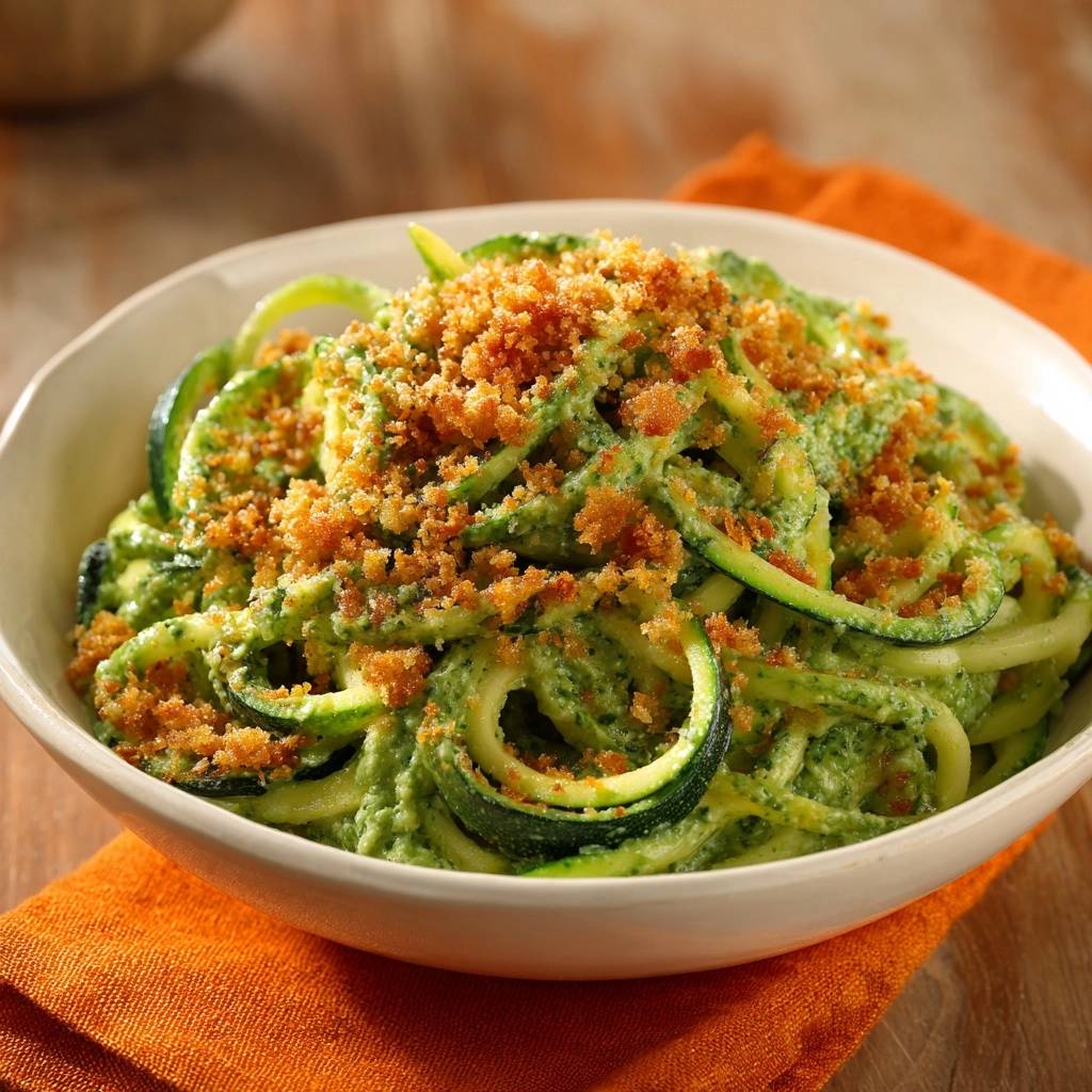 Cremige Zucchini-Linguine mit Knusper-Topping, serviert in einer weißen Schüssel, mit einem knusprigen Topping aus Brotkrumen garniert.