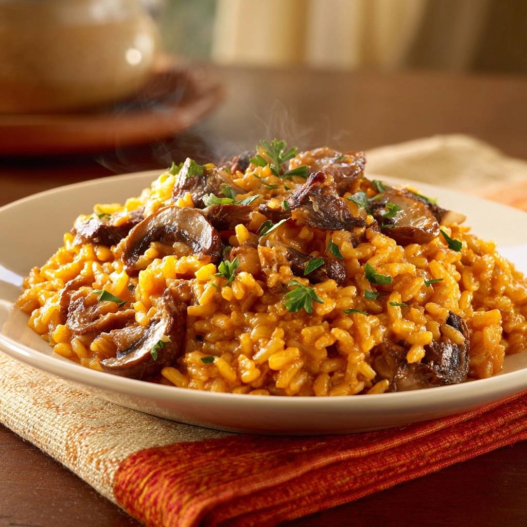 Cremiges Pilz-Risotto mit Safran, serviert auf einem weißen Teller, garniert mit frischer Petersilie und dampfend heiß.