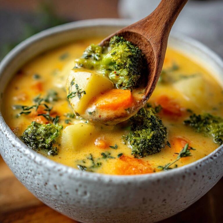 Cremiger Brokkoli-Kartoffel-Eintopf in Nahaufnahme: Ein Holzlöffel hebt die cremige Suppe mit Brokkoli, Kartoffeln und Karotten heraus.