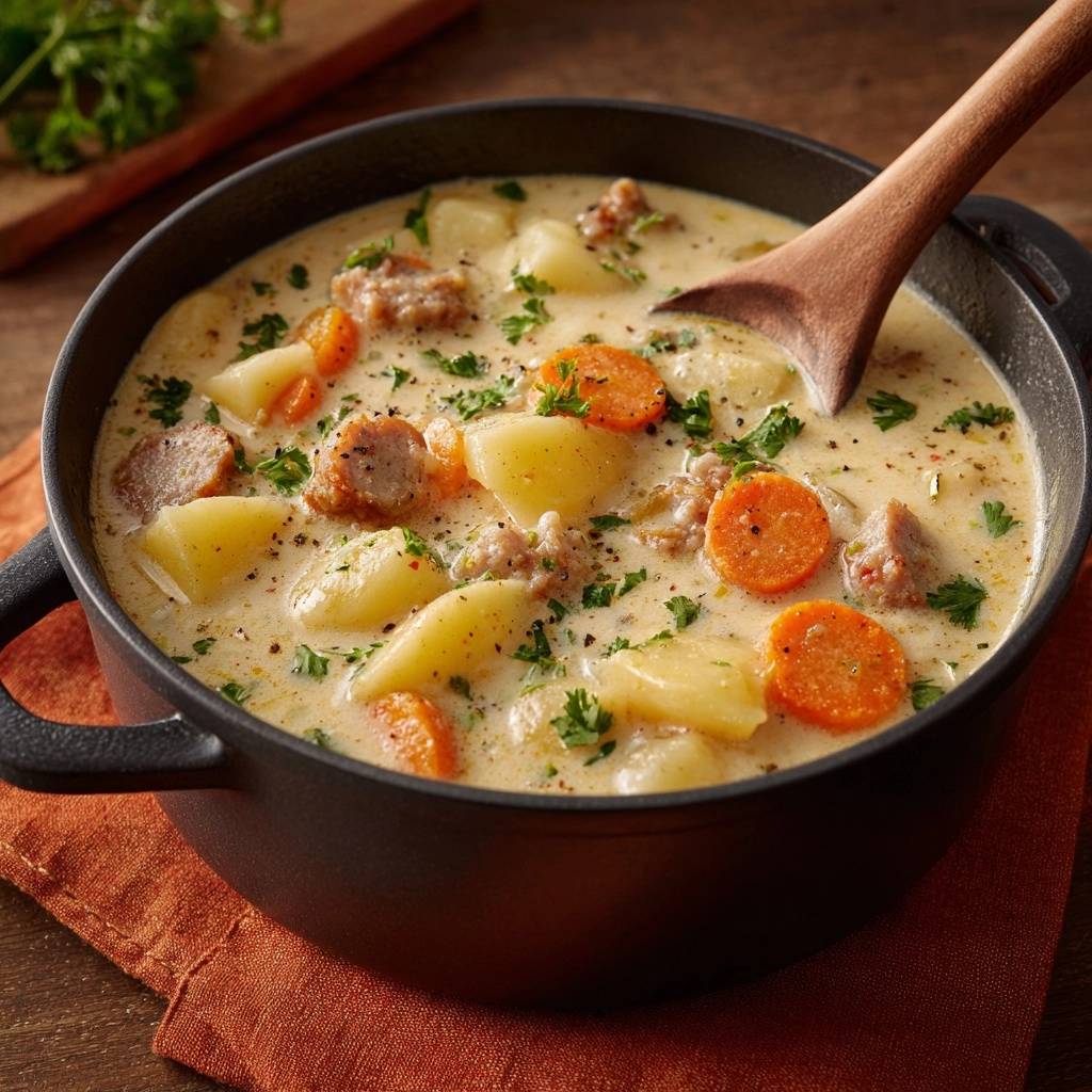 Cremiger Kartoffel-Hackfleisch-Topf, eine Nahaufnahme. Der cremige Eintopf mit Kartoffeln, Hackfleisch und Karotten ist mit frischer Petersilie bestreut.