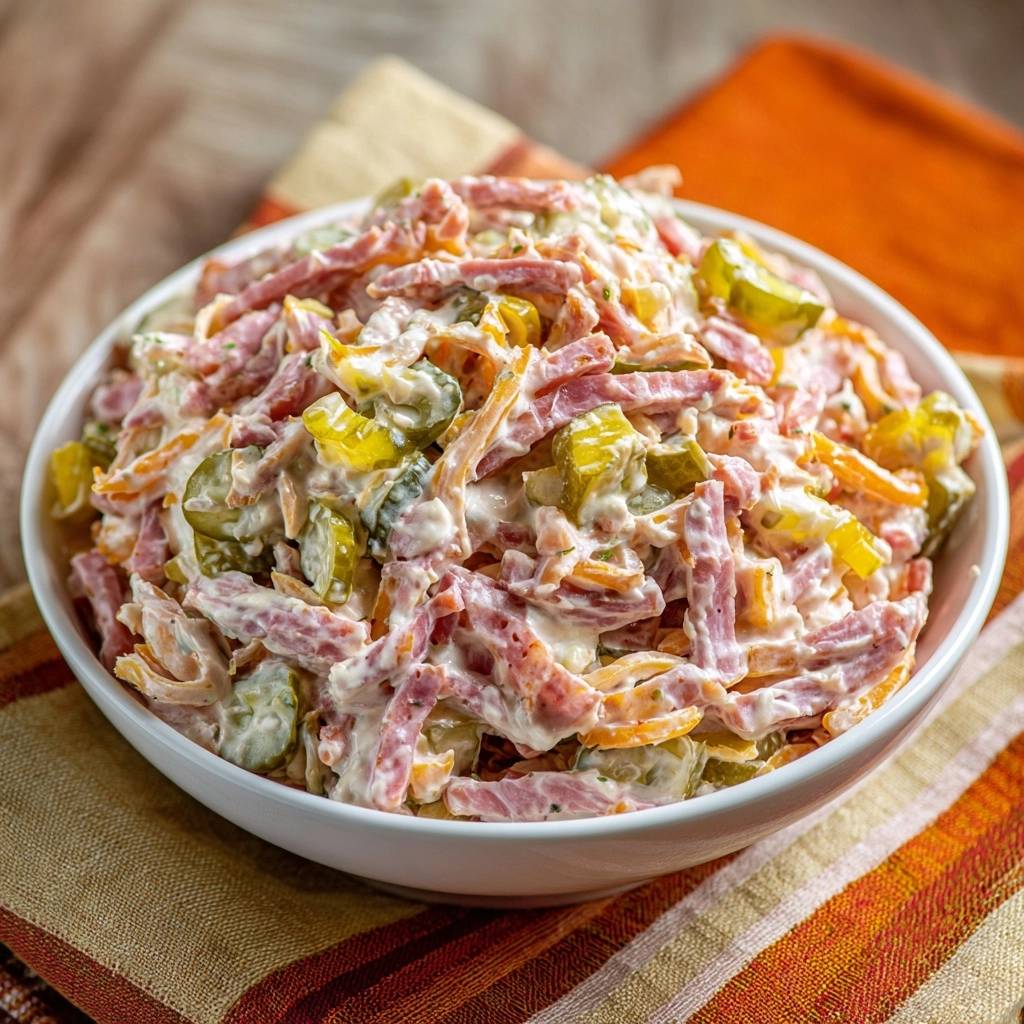 Cremiger Schinkensalat mit Paprika in einer weißen Schüssel. Diese Draufsicht zeigt die cremige Konsistenz und die frischen Zutaten.