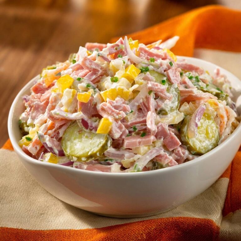 Cremiger Schinkensalat mit Paprika serviert in einer weißen Schüssel. Der Salat ist mit gelbem Paprika, Zwiebeln und Gurken zubereitet.