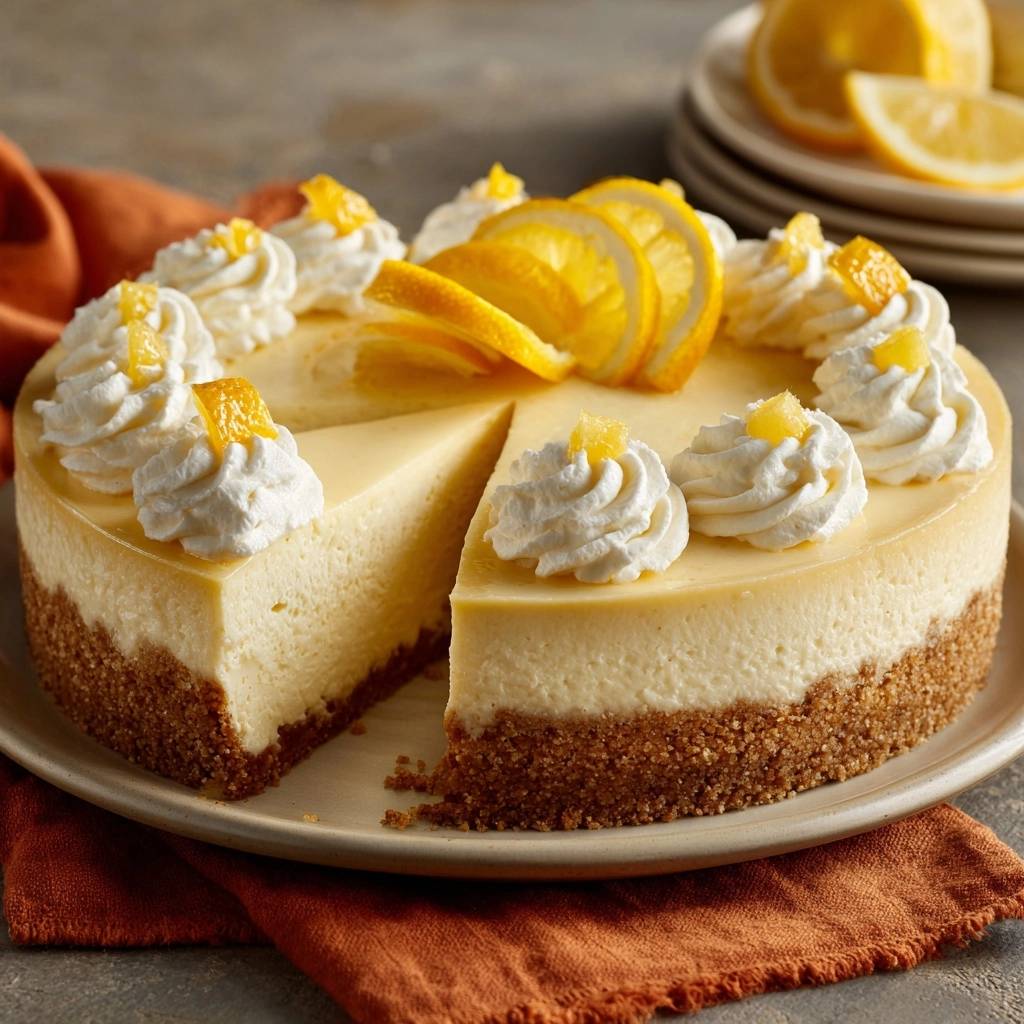 Cremiger Zitronen-Cheesecake mit einem saftigen Anschnitt, der die cremige Textur und den knusprigen Boden zeigt. Verziert mit Sahne und Zitronenscheiben.