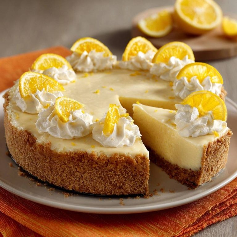 Cremiger Zitronen-Cheesecake mit Anti-Matsche-Boden, serviert mit einer angeschnittenen Scheibe, die das cremige Innere zeigt und mit Zitronen garniert ist.